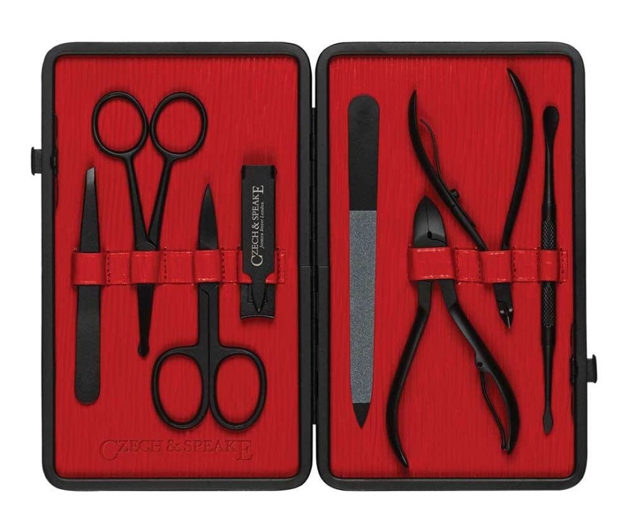 Makeup Czech & Speake Nails | Leather-Bound Manicure Set - Black/Red